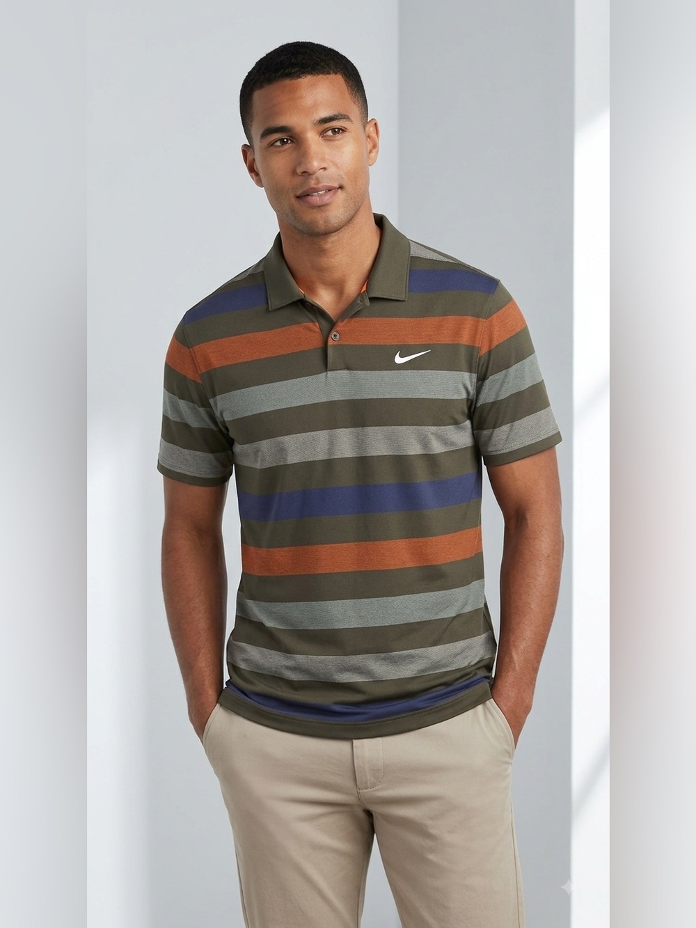 Nike Golf Dri-FIT Striped Polo Shirt Olive Green Blue Orange Men’s Size Large
